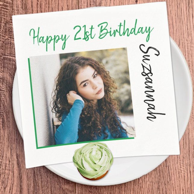 Custom Photo 21st Happy Birthday Party Template Napkin (This custom photo napkin design offers a variety of border colors. Personalize for any birthday.)