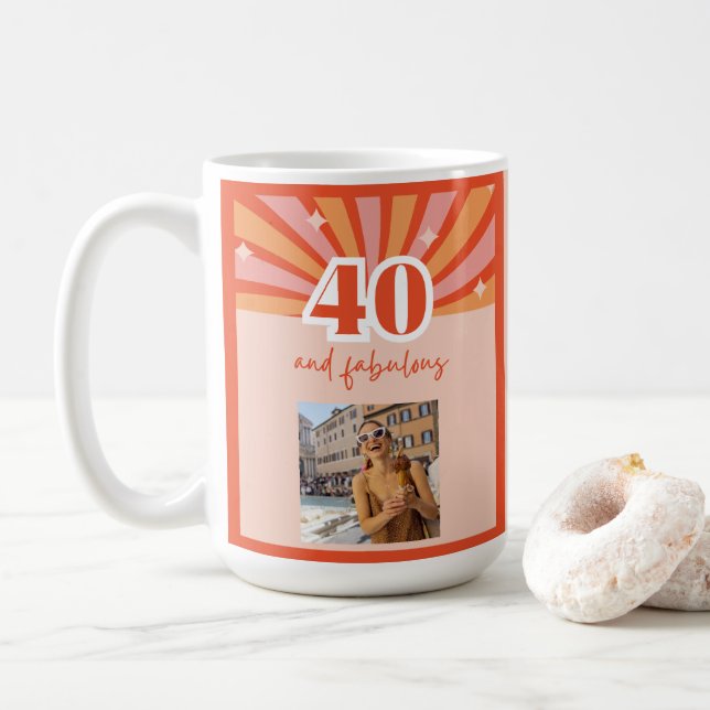 Custom photo 40 and fabulous - retro bright peach coffee mug (With Donut)