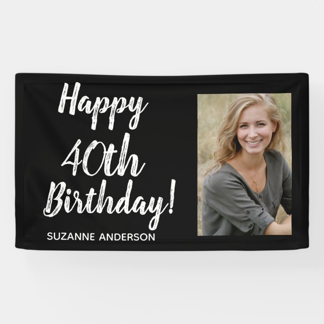Custom Photo 40th Milestone Black Birthday Banner (Horizontal)