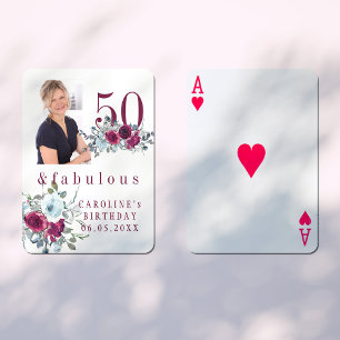 Custom photo 50 and fabulous floral birthday gift playing cards