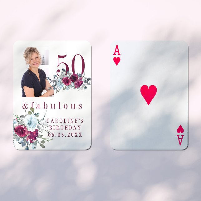 Custom photo 50 and fabulous floral birthday gift playing cards (Creator Uploaded)