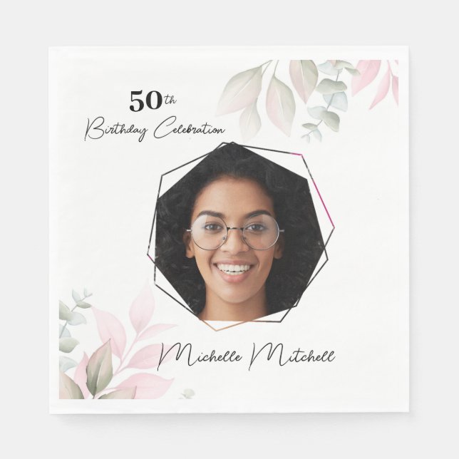 Custom Photo 50th Birthday Floral Paper Napkin (Front)
