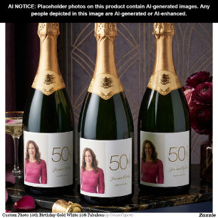 Custom Photo 50th Birthday Gold White 50& Fabulous Sparkling Wine Label