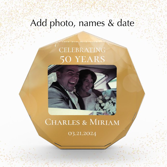 Custom Photo 50th Golden Anniversary Keepsake Gift Block (Create a golden wedding anniversary photo keepsake gift. Personalize acrylic photo block with names.)