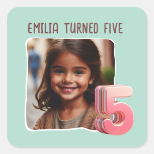 Custom Photo 5th Birthday Party Square Sticker