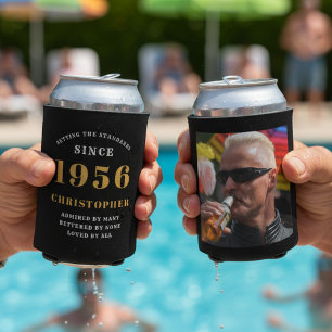 Custom Photo 70th Birthday Black and Gold Can Cooler