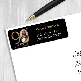 Custom Photo 90th Birthday Black Gold Elegant  Return Address Label