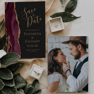 Custom Photo Agate Burgundy Gold Save the Date Invitation
