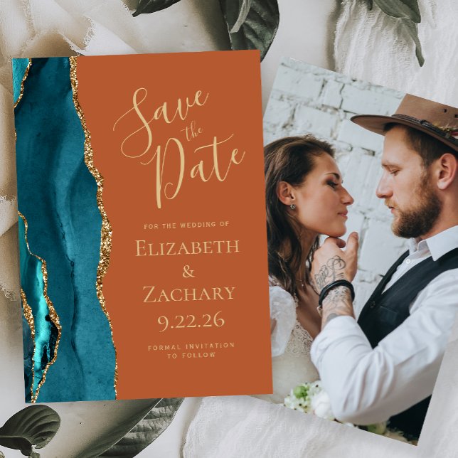 Custom Photo Agate Teal Gold Rust Save the Date Invitation (Creator Uploaded)