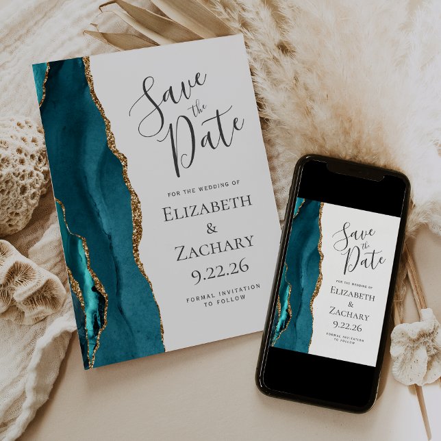 Custom Photo Agate Teal Gold Save the Date Card (Creator Uploaded)