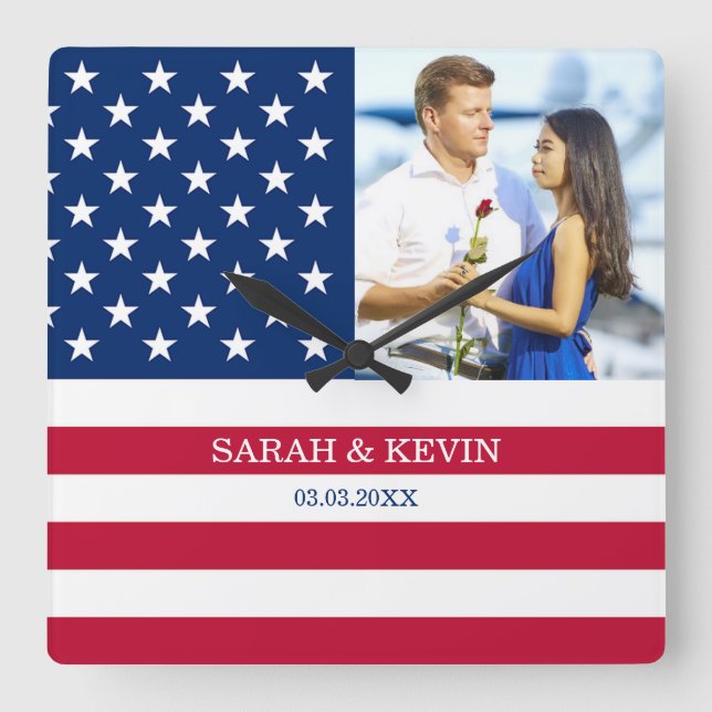 Custom Photo American Flag Square Wall Clock (Front)
