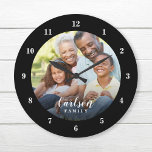 Custom Photo and Family Name Personalized Large Clock<br><div class="desc">Create a special one of a kind round or square wall clock personalized with your photo and family name monogram. The design features simple modern black and white fonts, or use the design tools to choose any fonts and colors to match your own home decor style. A custom clock is...</div>