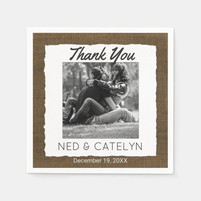 Custom Photo and Monogram | Rustic Burlap Wedding Napkin (Front)