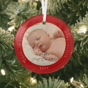 Custom Photo and Name Baby's First Christmas Red Glass Tree Decoration