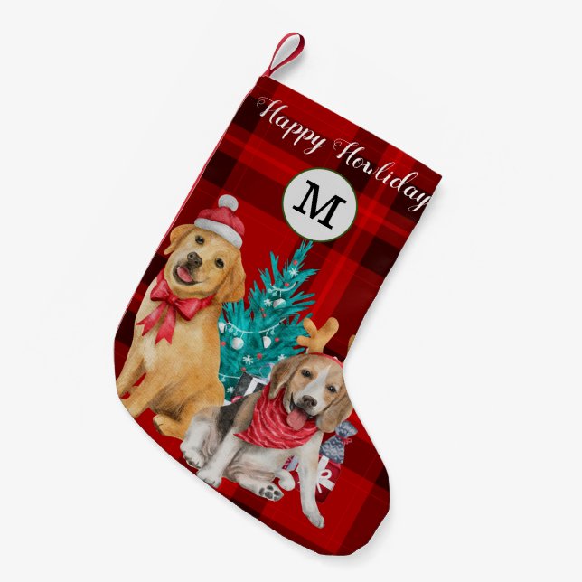 Custom photo and name funny dogs Festive pattern  Small Christmas Stocking (Front (Hanging))