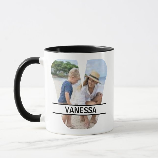 Custom Photo and Name Letter 'V' Mug (Left)