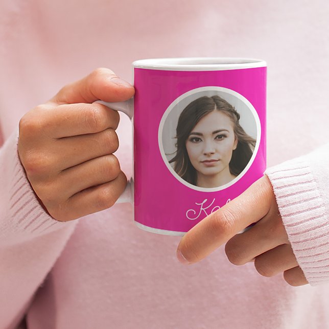 Custom photo and name monogrammed hot pink coffee mug (Creator Uploaded)