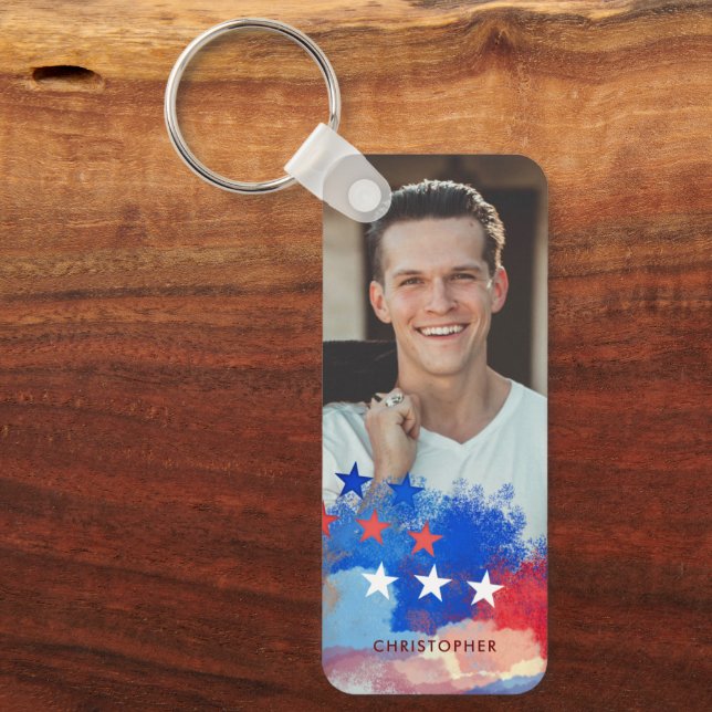 Custom Photo and Name with American Flag Key Ring (Front)