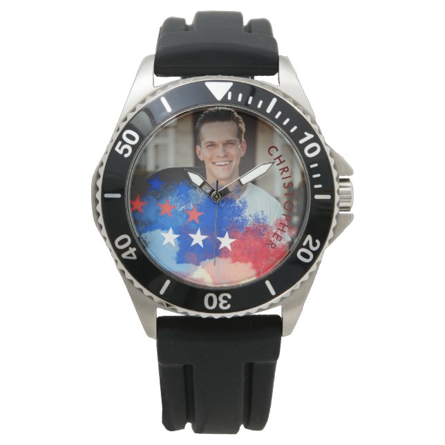 Custom Photo and Name with American Flag Watch (Front)