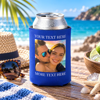 Custom Photo and Text Blue Can Cooler