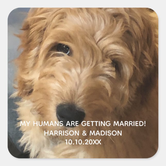 Custom photo and text engagement announcement square sticker (Front)