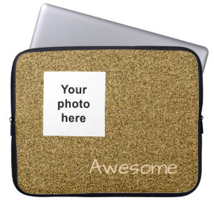 Custom photo and text gold faux glitter laptop sleeve