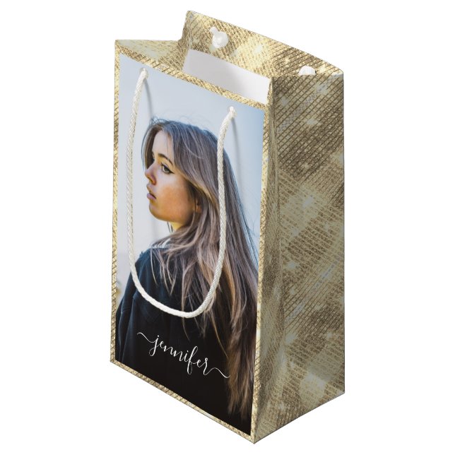 Custom Photo and Text Gold Unique Birthday Small Gift Bag (Front Angled)