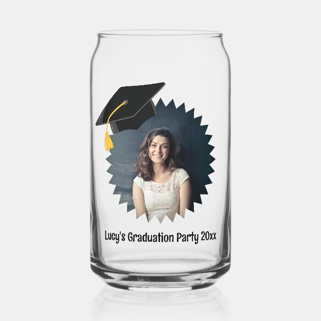 Custom Photo and Text Graduation Cap Can Glass (Front)