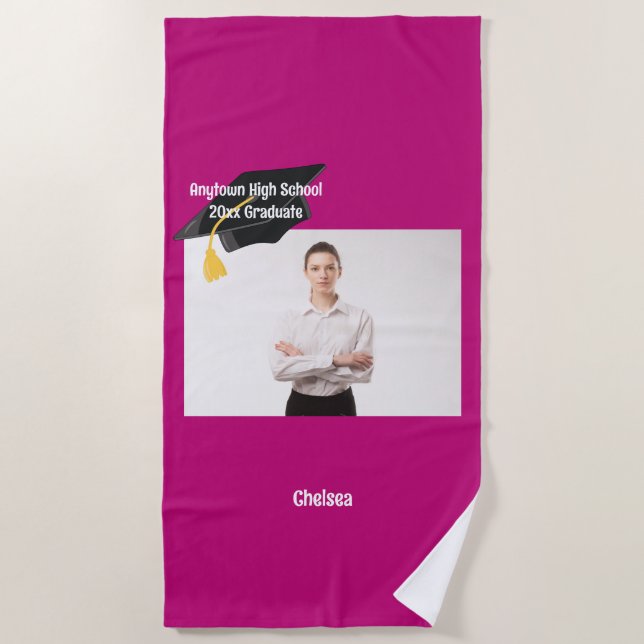 Custom Photo and Text Graduation Cap Personalised Beach Towel (Front)