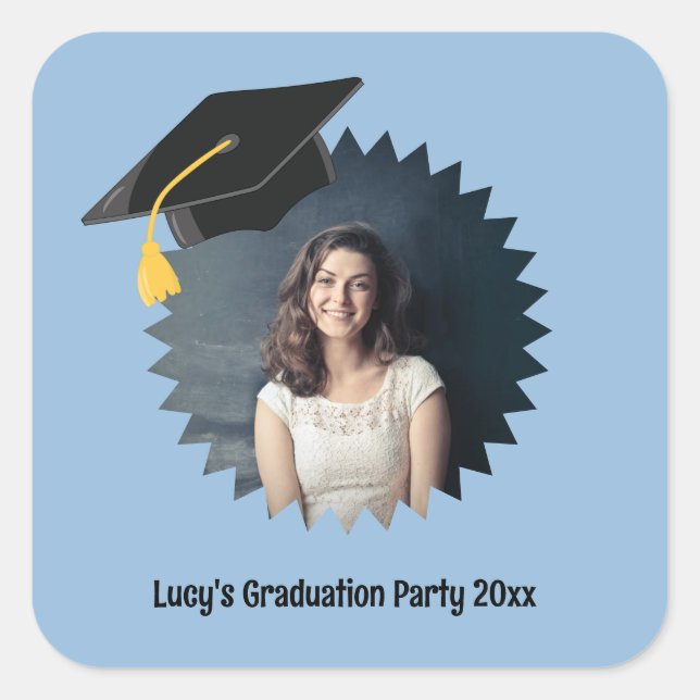 Custom Photo and Text Graduation Cap Square Sticker (Front)