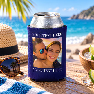 Custom Photo and Text Navy Purple Can Cooler