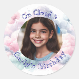 Custom Photo and Text On Cloud 9 Birthday Party Classic Round Sticker