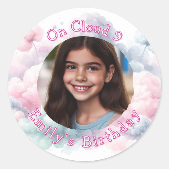 Custom Photo and Text On Cloud 9 Birthday Party  Classic Round Sticker (Front)