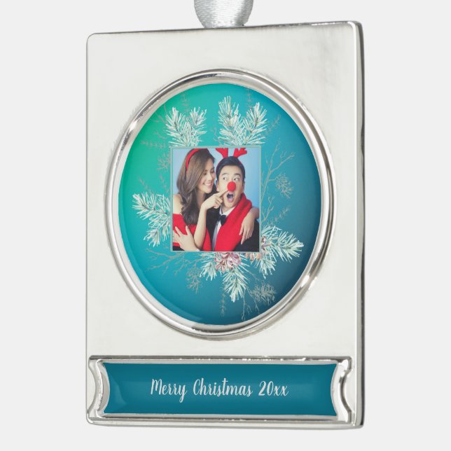 Custom Photo and Text Pinecone Evergreen Frame Silver Plated Banner Ornament (Left)