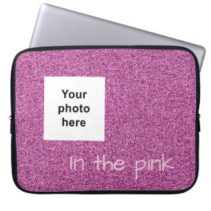 Custom photo and text pink faux glitter laptop sleeve