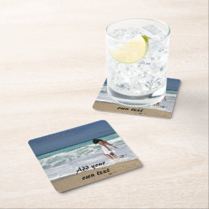 Custom. Photo and Text. Square Paper Coaster