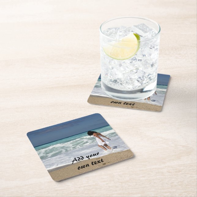 Custom. Photo and Text. Square Paper Coaster (Insitu)