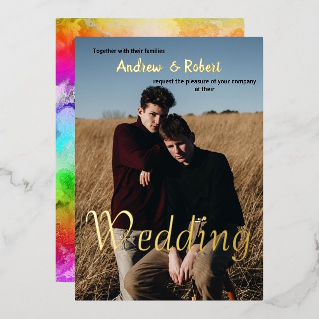Custom Photo and watercolor rainbow gay wedding (Front/Back)