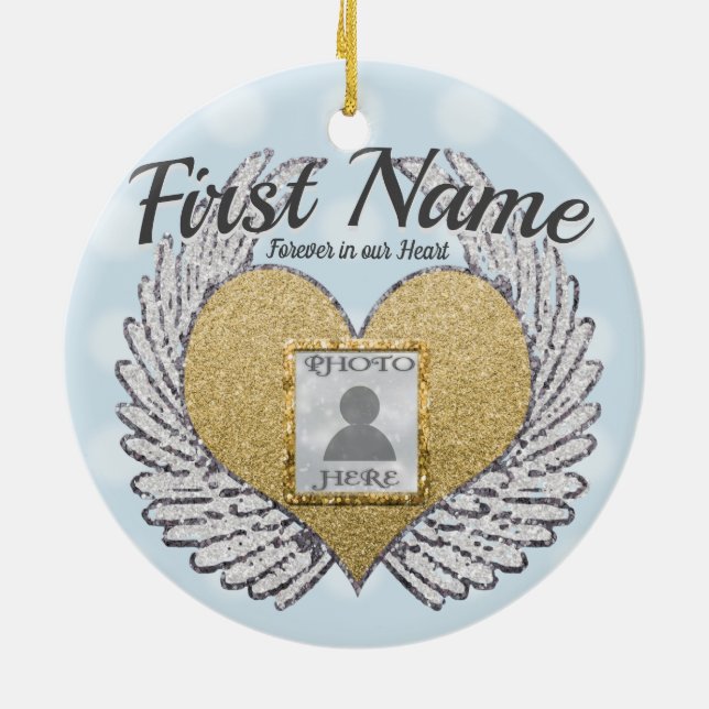 Custom Photo Angel Wings and Heart Ceramic Ornament (Back)