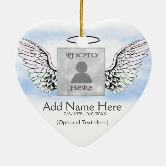 Custom Photo Angel Wings and Heart Memorial Ceramic Tree Decoration (Back)