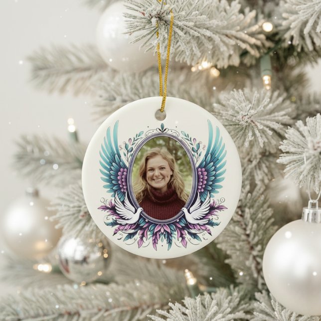 Custom Photo Angel Wings Memorial Keepsake Gift  Ceramic Ornament (Personalized Custom Photo Memorial Ornament)
