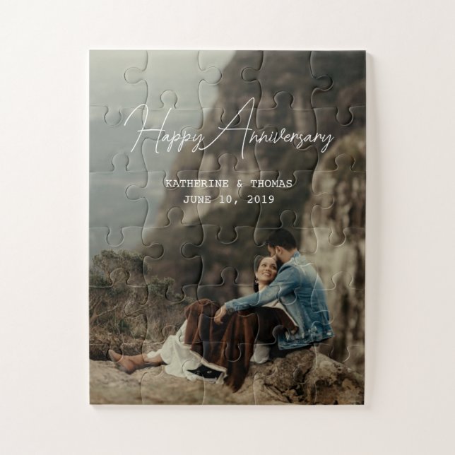 Custom photo anniversary minimalist retro wedding jigsaw puzzle (Vertical)