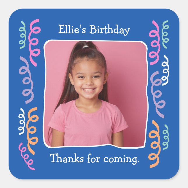 Custom Photo Any Age Birthday Party Streamers Square Sticker (Front)