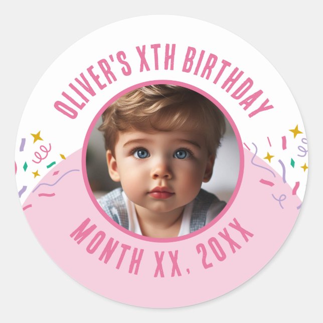 Custom Photo Any Age Confetti Birthday Party Classic Round Sticker (Front)