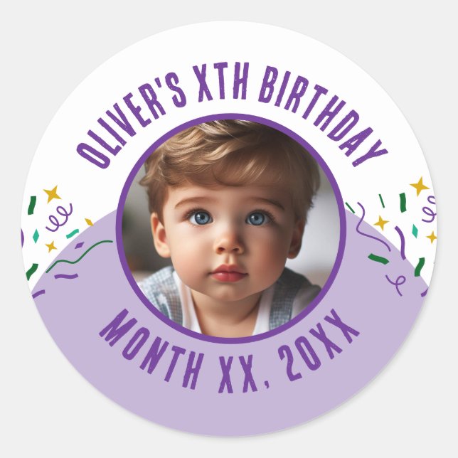 Custom Photo Any Age Confetti Birthday Party Classic Round Sticker (Front)