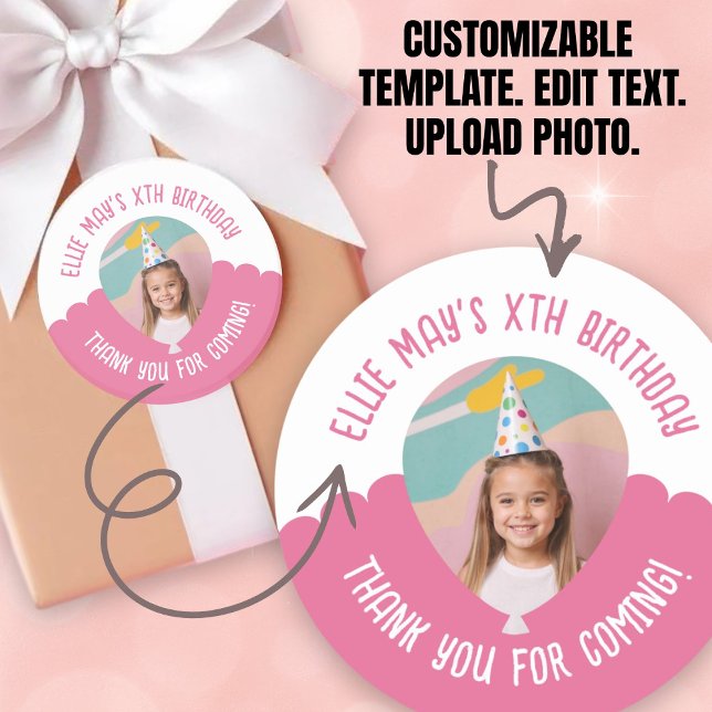 Custom Photo Any Age Thank You Birthday Balloon Classic Round Sticker (Custom Photo Any Age Thank You Birthday Balloon Classic Round Sticker.)