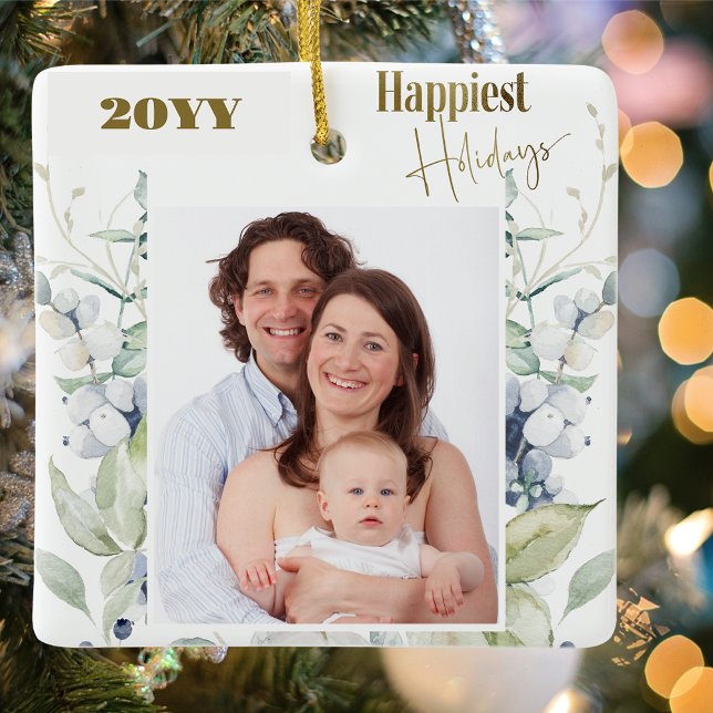 Custom Photo, Any Year, Happiest Holidays Greenery Ceramic Ornament (Creator Uploaded)
