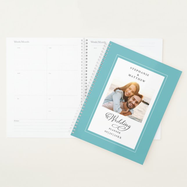 Custom Photo Aqua White Wedding Elegant Script Planner (Display)