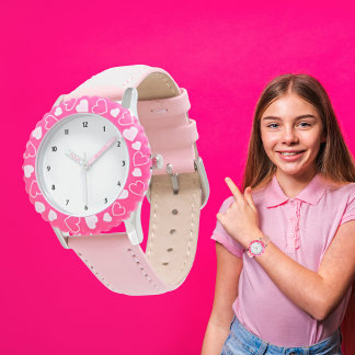 Custom Photo Art Name Bezel with Pink Hearts Kids Watch