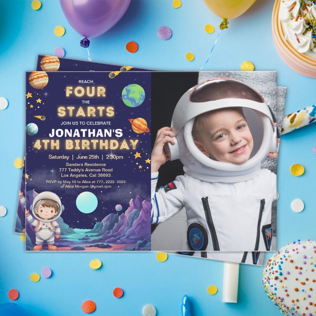 Custom Photo Astronaut 4th Birthday Boy Invitation (Creator Uploaded)
